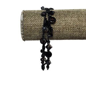 Gun Metal Gray Rhinestone And Faux Pearl Double Strand Bracelet (5092)
